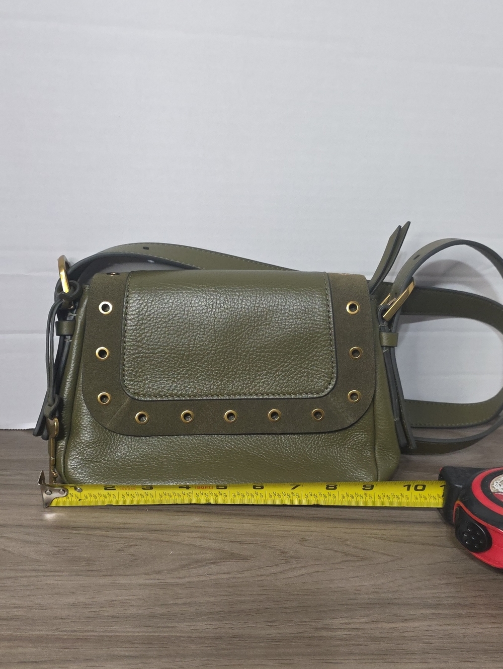 Fossil Olive Green Leather Crossbody with Gold Eyelets